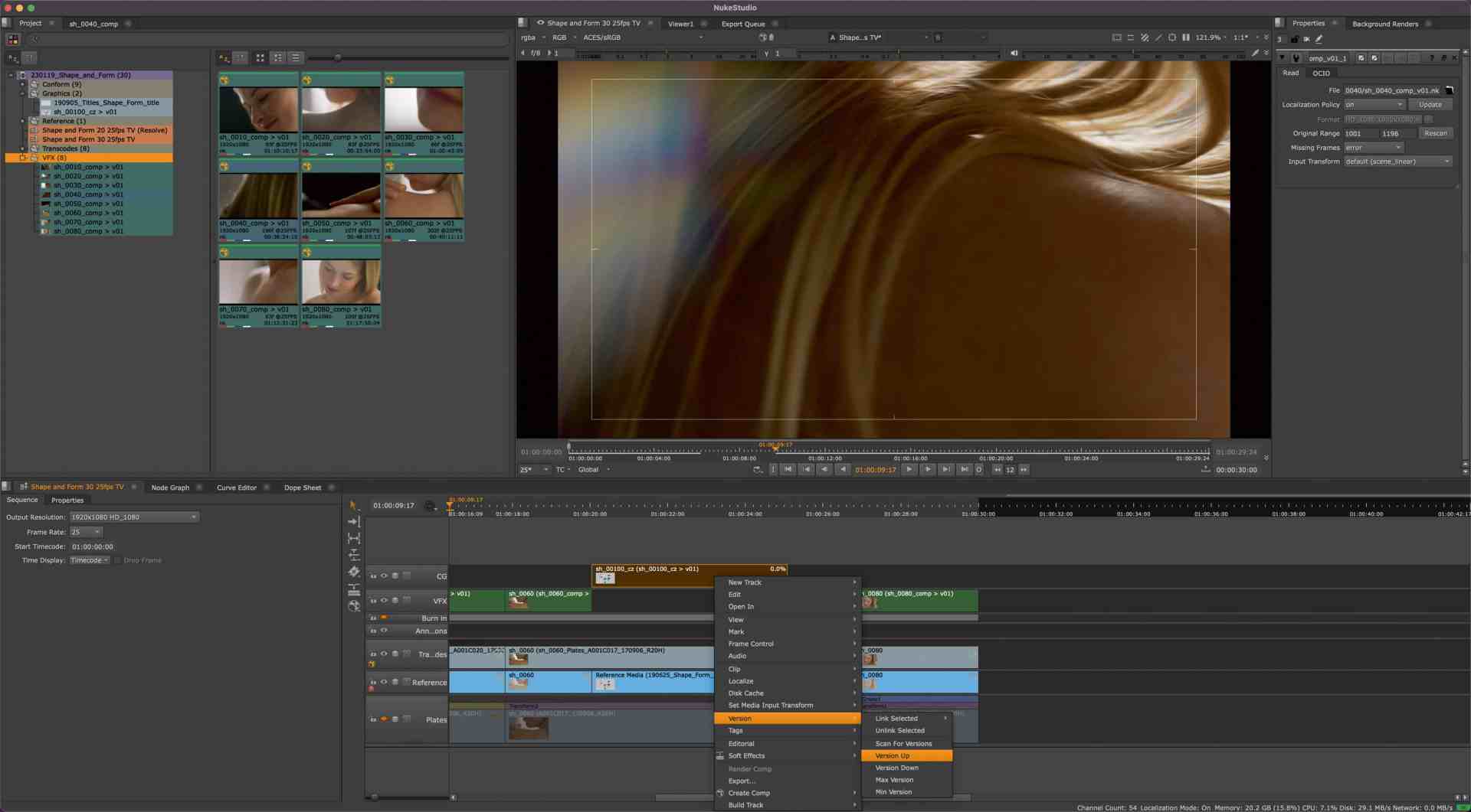 a video editing software interface displaying a timeline with various clips showing a closeup of hair the left panel contains thumbnail previews of video clips while the main area features editing options and tools digital production A video editing software interface displaying a timeline with various clips, showing a close-up of hair. The left panel contains thumbnail previews of video clips, while the main area features editing options and tools.