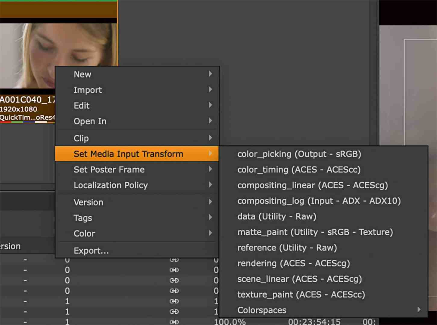 computer screen displaying a software interface with a dropdown menu open featuring options like set media input transform and various colorrelated settings alongside a video playback timeline digital production Computer screen displaying a software interface with a dropdown menu open, featuring options like 'Set Media Input Transform' and various color-related settings, alongside a video playback timeline.