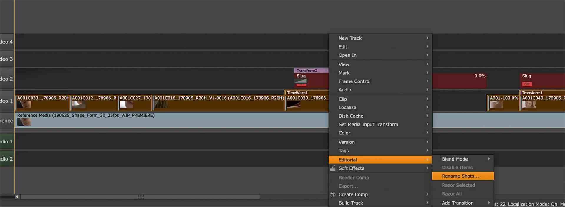 a video editing software interface showing a timeline with multiple audio and video tracks a context menu is open with remove media highlighted the background is dark grey and some tracks display waveforms digital production A video editing software interface showing a timeline with multiple audio and video tracks. A context menu is open with 'Remove Media' highlighted. The background is dark grey, and some tracks display waveforms.