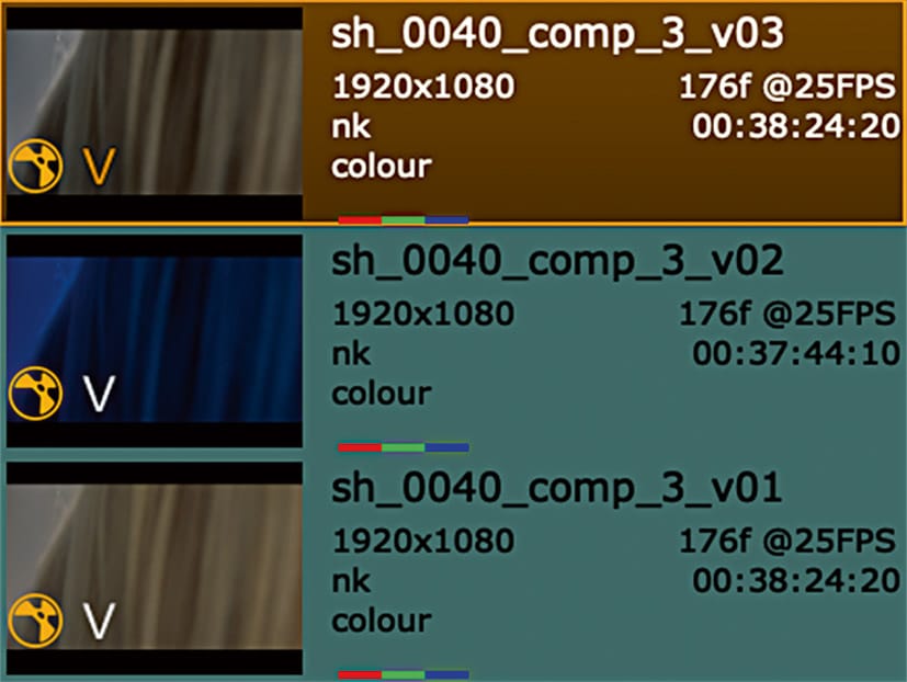 three video thumbnails arranged vertically each displaying a name resolution frame count and timing information the thumbnails vary in color and show a play icon each entry indicates file version and video details digital production Three video thumbnails arranged vertically, each displaying a name, resolution, frame count, and timing information. The thumbnails vary in color and show a play icon. Each entry indicates file version and video details.
