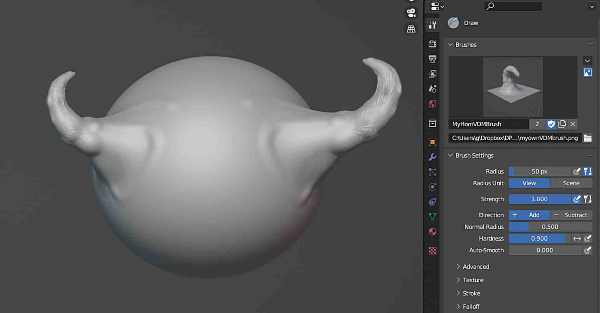 a 3d rendering of a spherical shape with two curved horns on top the image features a blender interface showing brushes and settings on the right side the surface is smooth and gray with detailed options for sculpting effects digital production A 3D rendering of a spherical shape with two curved horns on top. The image features a Blender interface showing brushes and settings on the right side. The surface is smooth and gray, with detailed options for sculpting effects.