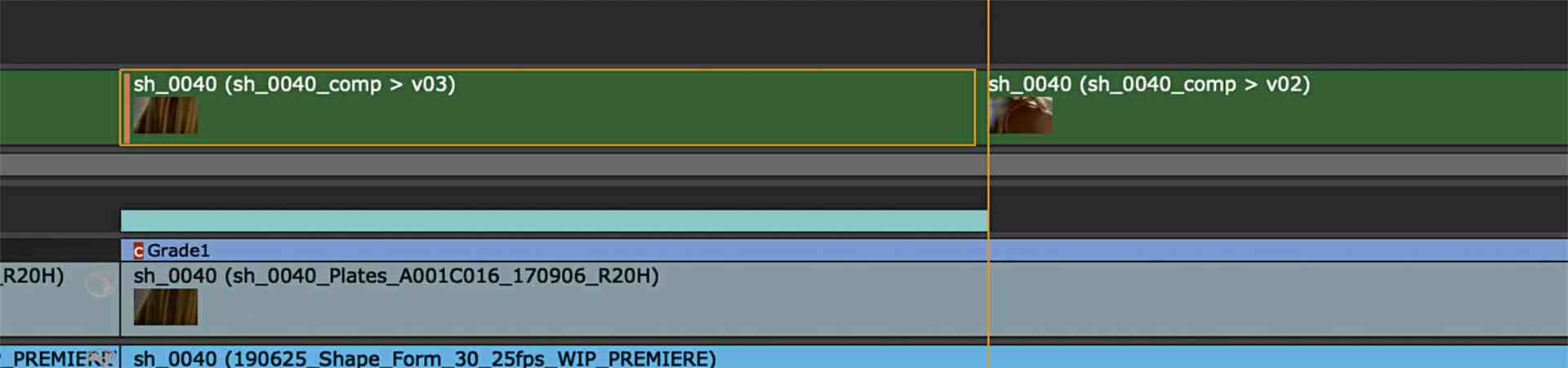 screenshot of a video editing software timeline displayed with multiple layers including one labeled credits and two others showing compositions labeled sh0040comp > v02 and v03 digital production Screenshot of a video editing software timeline displayed with multiple layers, including one labeled 'Credits' and two others showing compositions labeled 'sh_0040_comp > v02' and 'v03'.
