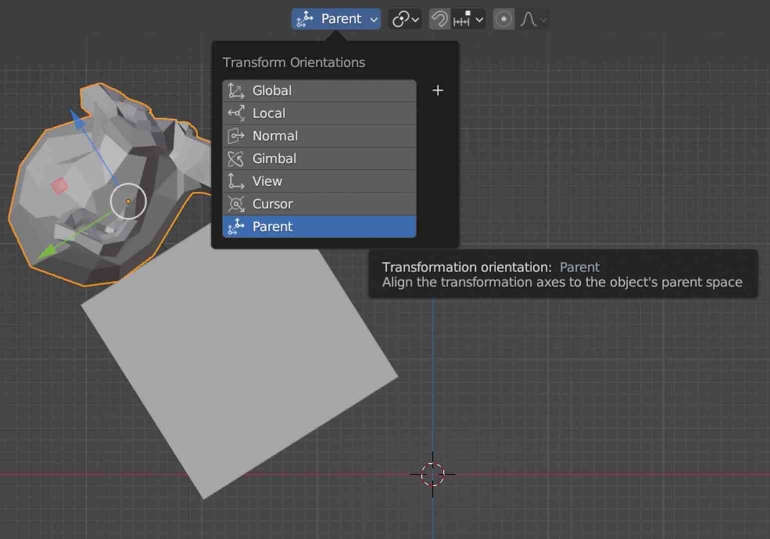 a digital interface showing the transform orientations menu in a 3d modeling software with options such as global local normal gimbal view and parent highlighted a 3d model and a square are visible on the workspace digital production A digital interface showing the transform orientations menu in a 3D modeling software, with options such as Global, Local, Normal, Gimbal, View, and Parent highlighted. A 3D model and a square are visible on the workspace.