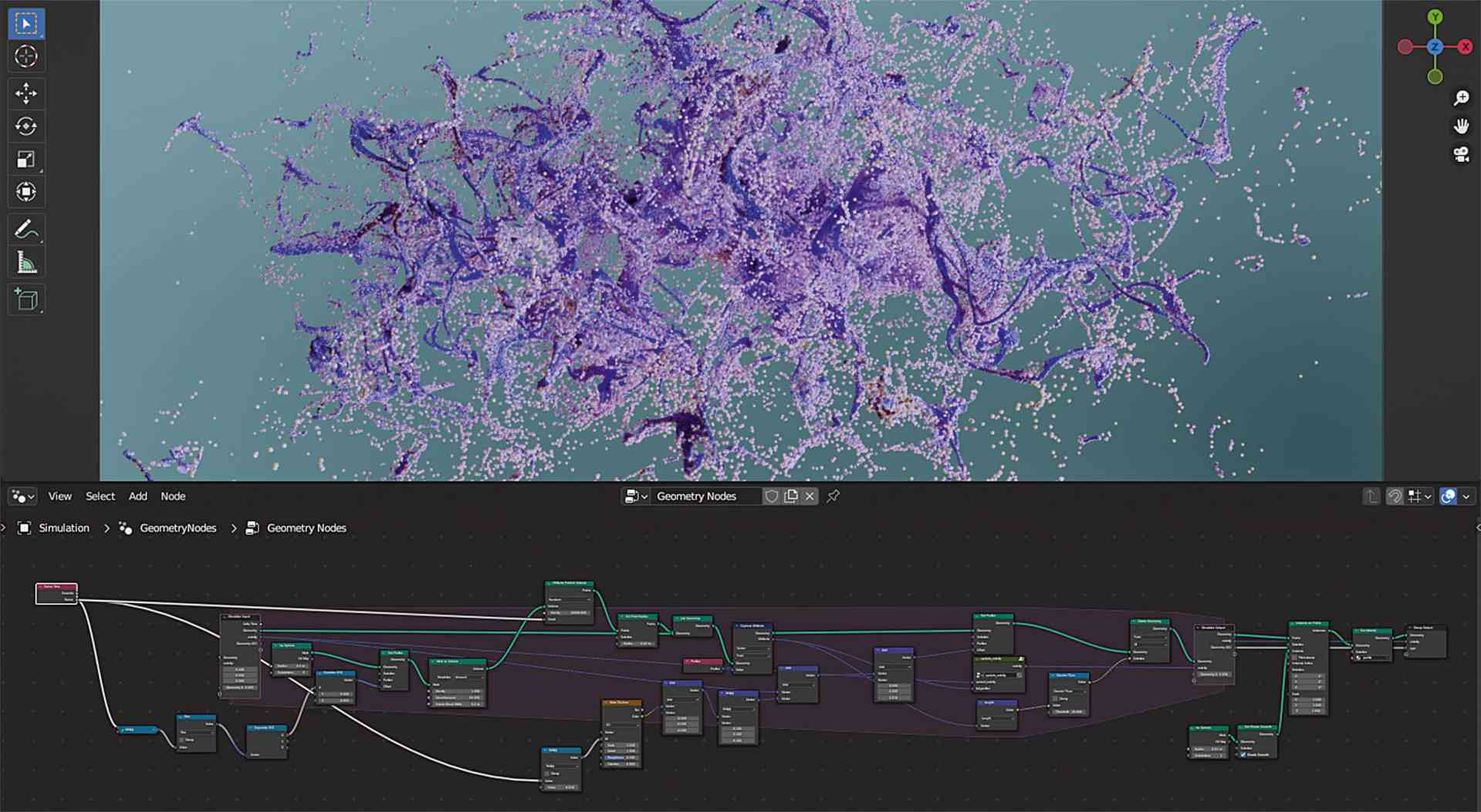 a digital interface displaying a 3d simulation with purple strands and particles against a teal background below there are geometry nodes and connections illustrating a procedural workflow in a 3d modeling software digital production A digital interface displaying a 3D simulation with purple strands and particles against a teal background. Below, there are geometry nodes and connections illustrating a procedural workflow in a 3D modeling software.