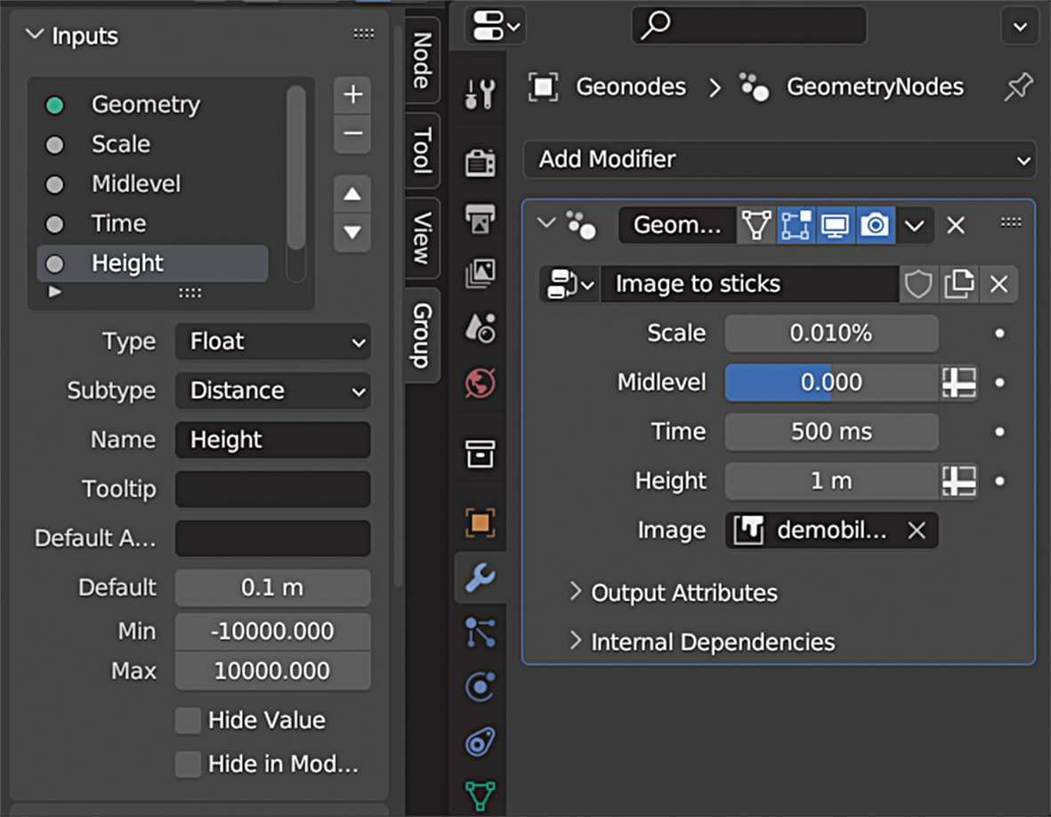 a screenshot of blenders geometry nodes interface displaying the add modifier panel with options for scaling midlevel time and height settings for an image to sticks node the input fields show values for each parameter digital production A screenshot of Blender's Geometry Nodes interface, displaying the 'Add Modifier' panel with options for scaling, midlevel, time, and height settings for an 'Image to sticks' node. The input fields show values for each parameter.