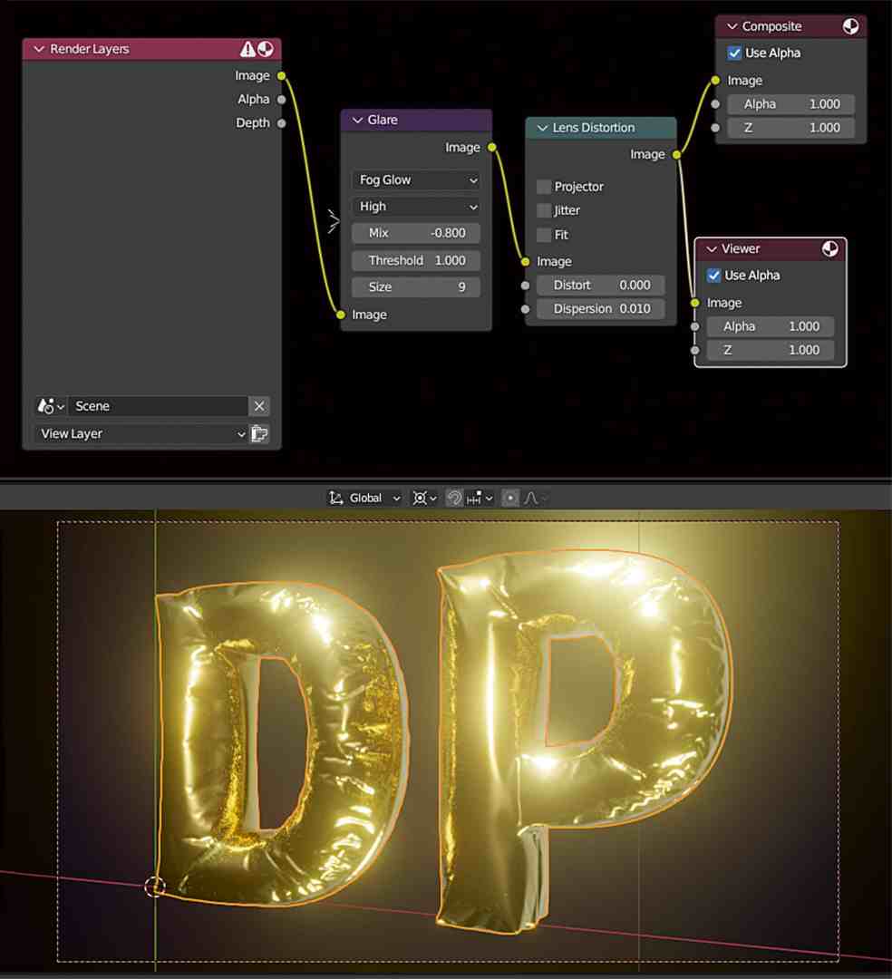 an advanced 3d rendering setup showing various nodes such as glare lens distortion and viewer alongside a large shiny goldtextured 3d letter dp the background is dark to enhance the object visibility digital production An advanced 3D rendering setup showing various nodes such as Glare, Lens Distortion, and Viewer, alongside a large, shiny, gold-textured 3D letter 'DP.' The background is dark to enhance the object visibility.