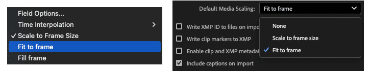 a screenshot showing two panels of settings on the left a dropdown menu with options including scale to frame size fit to frame and fill frame on the right a settings panel for default media scaling with fit to frame selected digital production A screenshot showing two panels of settings: on the left, a dropdown menu with options including 'Scale to Frame Size', 'Fit to Frame', and 'Fill Frame'; on the right, a settings panel for default media scaling with 'Fit to Frame' selected.