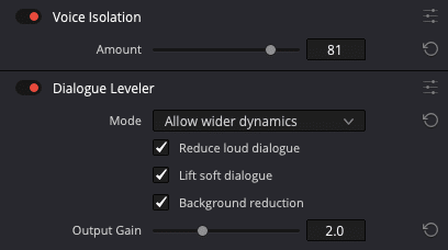 audio editing software interface displaying voice isolation and dialogue leveler settings voice isolation has the amount slider set at 81 dialogue leveler options include allow wider dynamics mode with options checked for reducing loud dialogue lifting soft dialogue and background reduction output gain set to 20 digital production Audio editing software interface displaying voice isolation and dialogue leveler settings. Voice Isolation has the amount slider set at 81. Dialogue Leveler options include 'Allow wider dynamics' mode with options checked for reducing loud dialogue, lifting soft dialogue, and background reduction. Output gain set to 2.0.
