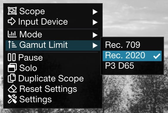 gamutscope digital production Das Gamut Scope zeigt Überschreitungen insbesondere für HDR.