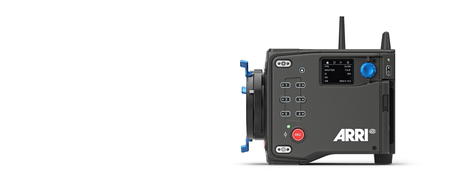 a professional arri camera viewed from the side showcasing its sleek gray body and digital controls the camera features a blue adjustable knob various buttons and a wireless antenna highlighting its advanced filming technology digital production A professional ARRI camera viewed from the side, showcasing its sleek gray body and digital controls. The camera features a blue adjustable knob, various buttons, and a wireless antenna, highlighting its advanced filming technology.