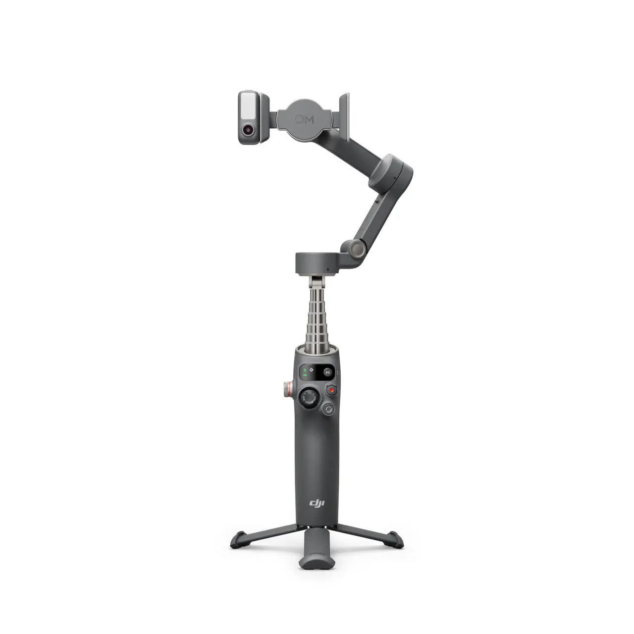 a gray handheld gimbal stabilizer with a threeaxis adjustable arm and camera mount positioned on a tripod base control buttons are visible on the handle digital production https://se-cdn.djiits.com/tpc/uploads/carousel/image/147071f9c381374260927d858f67e3e8@ultra.webp