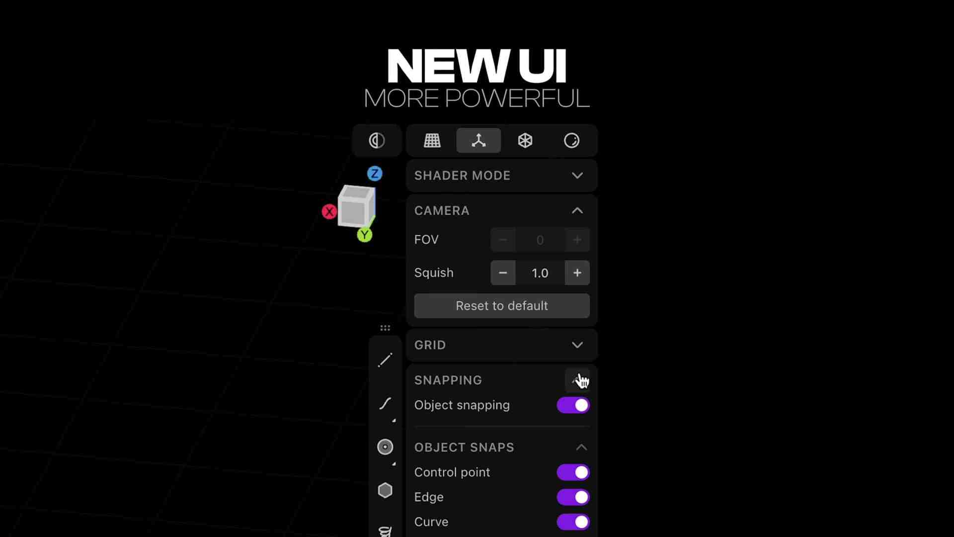a user interface panel showcasing a 3d modeling tool elements include shader mode camera settings grid options and snapping features highlighted against a dark background with the text new ui more powerful digital production A user interface panel showcasing a 3D modeling tool. Elements include Shader Mode, Camera settings, Grid options, and Snapping features, highlighted against a dark background with the text 'NEW UI MORE POWERFUL.'