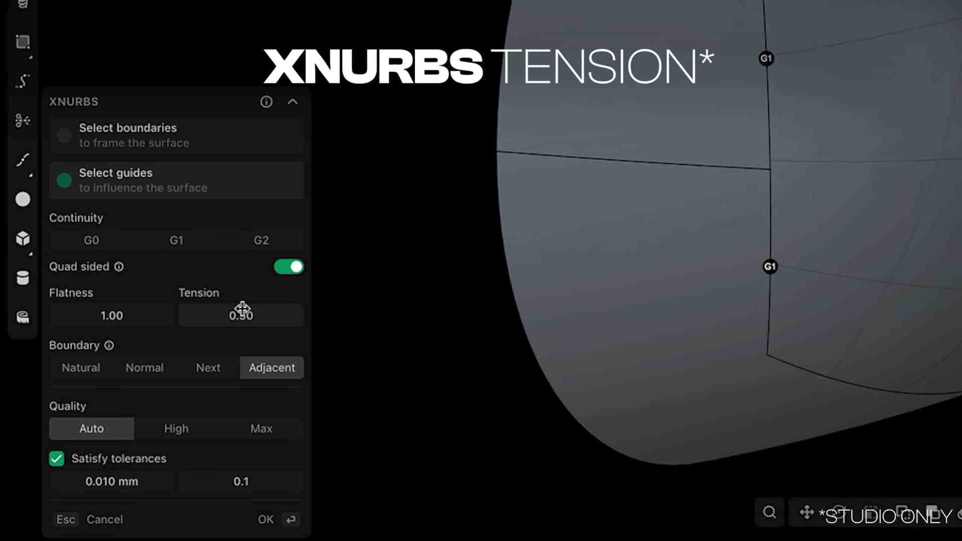 a screenshot of the xnurbs tension interface displaying options for selecting boundaries and guides with settings for continuity quadrilateral sides flatness and quality the design includes a shaded surface with a partially visible curved geometry digital production A screenshot of the XNURBS TENSION interface displaying options for selecting boundaries and guides, with settings for continuity, quadrilateral sides, flatness, and quality. The design includes a shaded surface with a partially visible curved geometry.