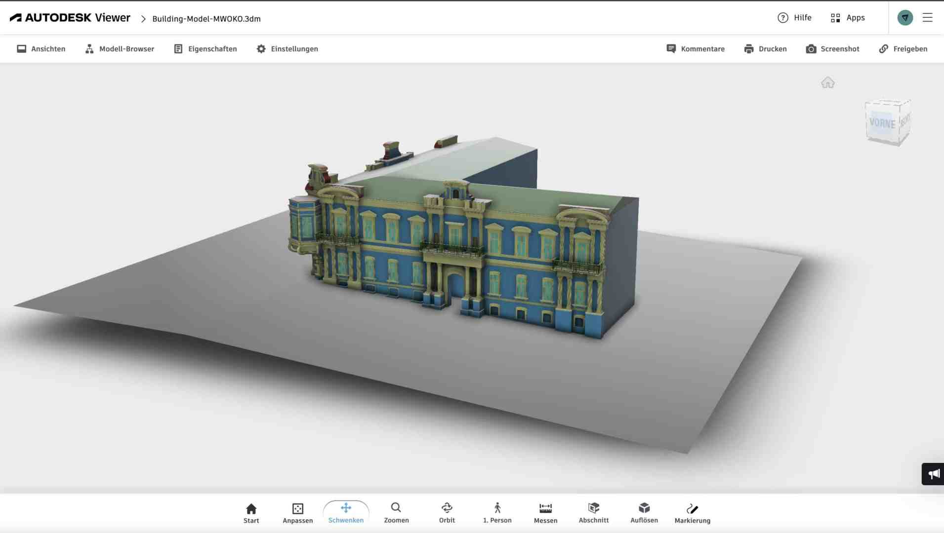 a 3d model of a historical building displayed in autodesk viewer showing intricate architectural details and color variations set against a gray background with navigation options at the bottom digital production A 3D model of a historical building displayed in Autodesk Viewer, showing intricate architectural details and color variations, set against a gray background with navigation options at the bottom.
