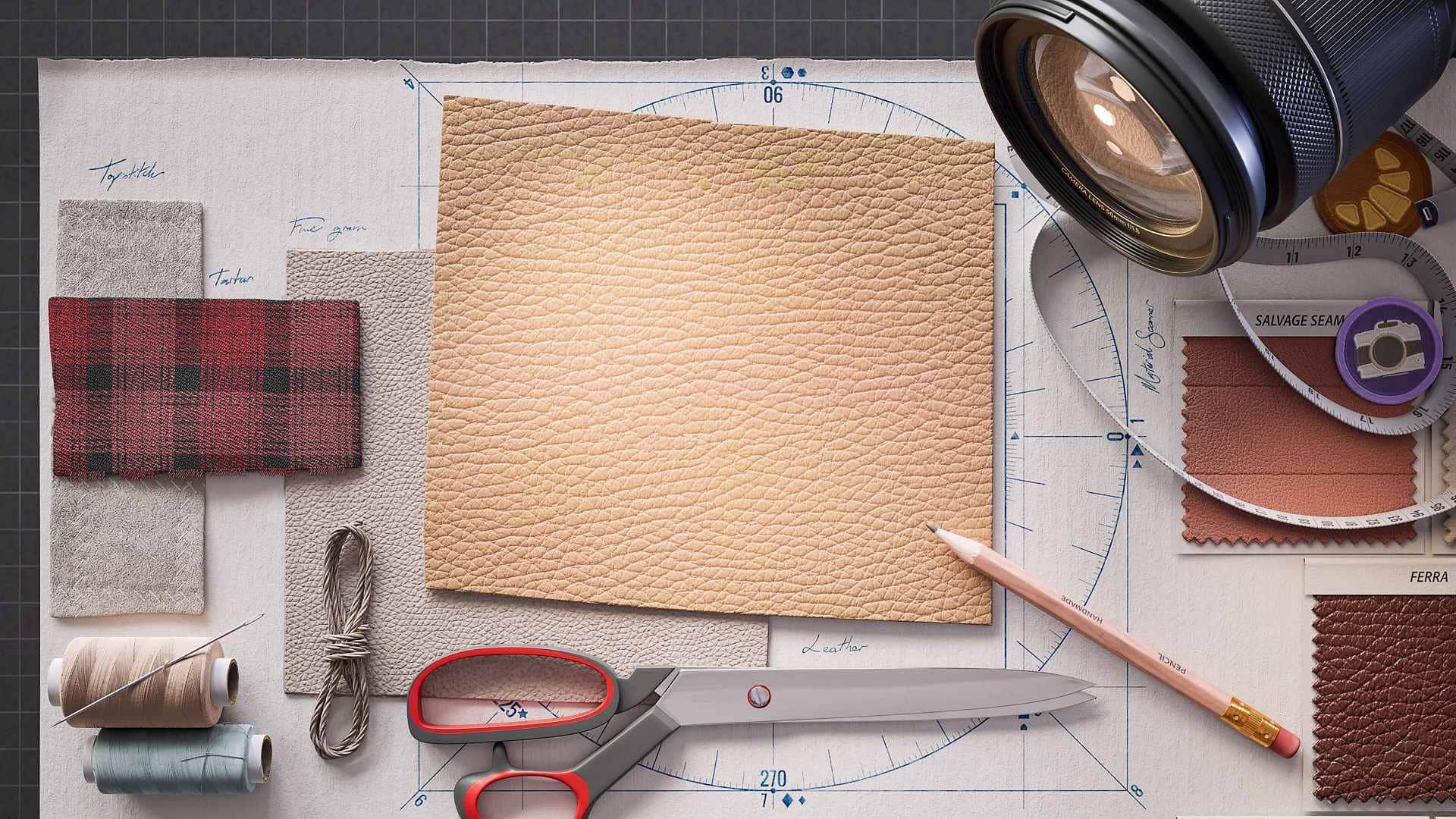 a workspace with various fabric samples including leather plaid and thread accompanied by scissors a pencil and measuring tape all arranged on a graph paper background digital production A workspace with various fabric samples including leather, plaid, and thread, accompanied by scissors, a pencil, and measuring tape, all arranged on a graph paper background.