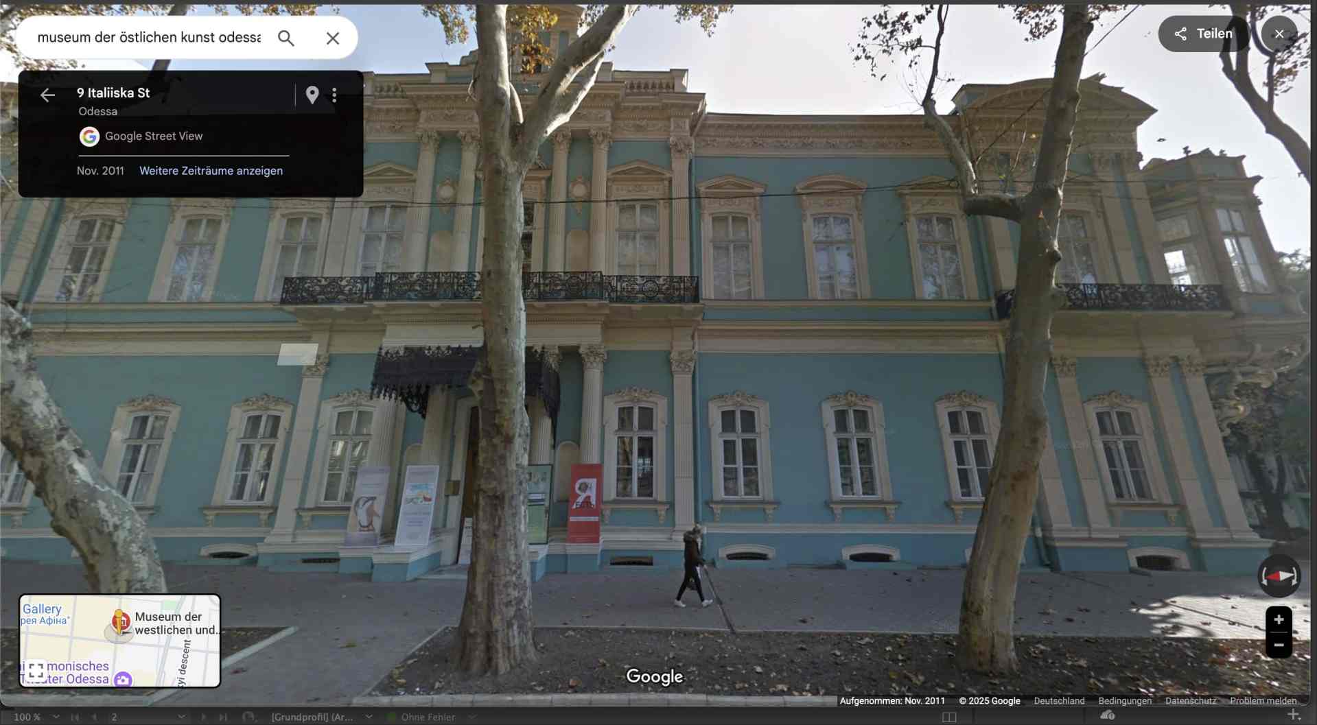 a historic building facade with blue walls and white trim featuring large windows and decorative elements two trees stand in front and a person is walking along the sidewalk a sign indicating a museum is partially visible digital production A historic building facade with blue walls and white trim, featuring large windows and decorative elements. Two trees stand in front, and a person is walking along the sidewalk. A sign indicating a museum is partially visible.