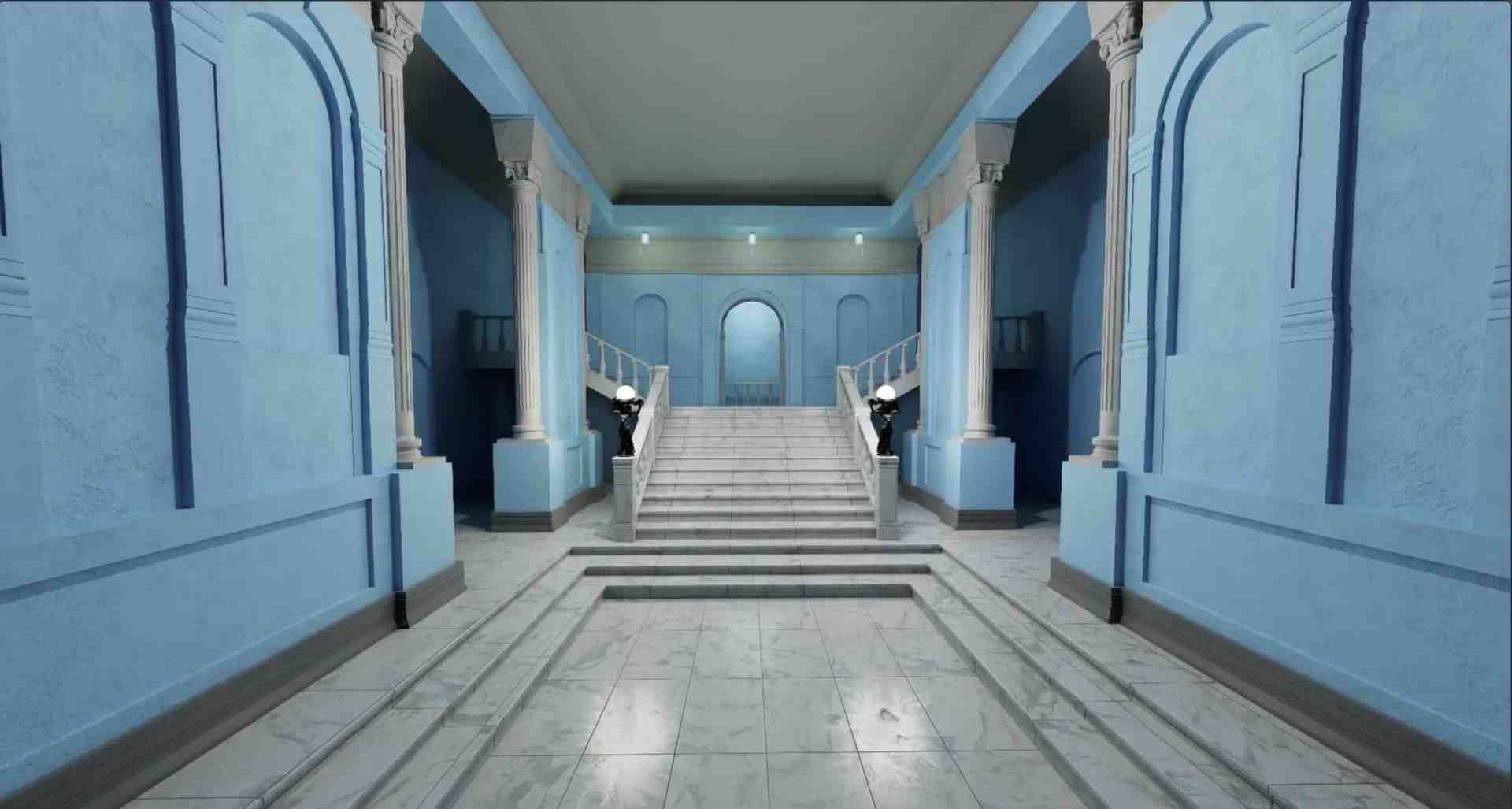 an interior view of a light blue hallway featuring tall columns a staircase and decorative arches the floor is marble and there are two doorways at the end of the corridor digital production An interior view of a light blue hallway featuring tall columns, a staircase, and decorative arches. The floor is marble, and there are two doorways at the end of the corridor.