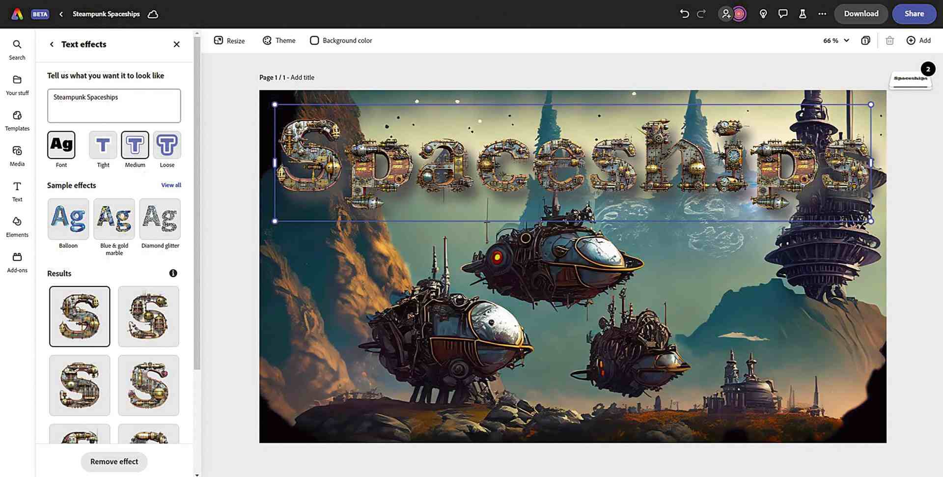 a digital design interface showing the text spaceships in a steampunk style with flying ships in the background and various text effects on the left toolbar digital production A digital design interface showing the text "Spaceships" in a steampunk style, with flying ships in the background and various text effects on the left toolbar.