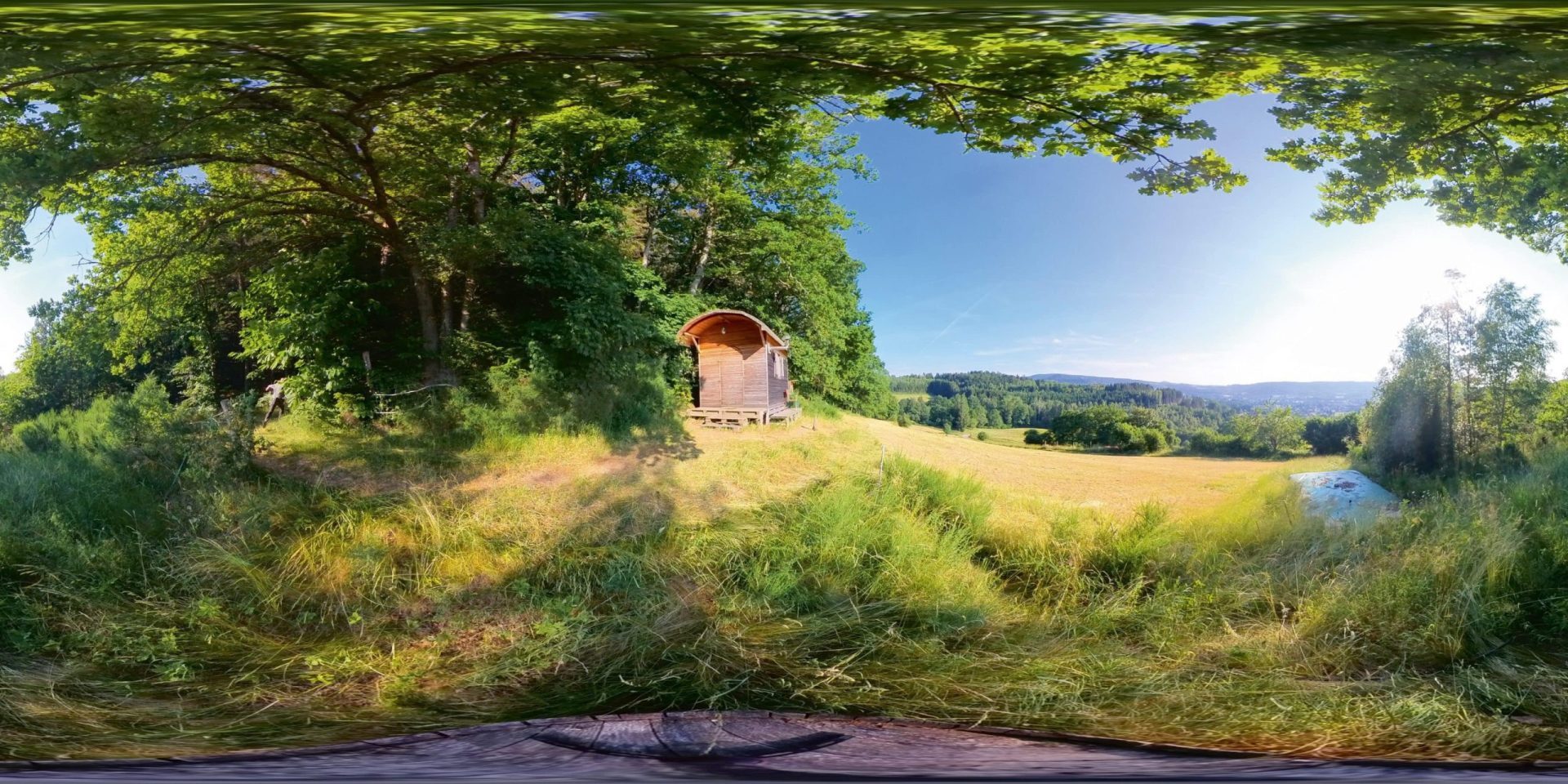 a wooden cabin surrounded by lush green trees and tall grass with a clear blue sky above and a hilly landscape visible in the background digital production A wooden cabin surrounded by lush green trees and tall grass, with a clear blue sky above and a hilly landscape visible in the background.