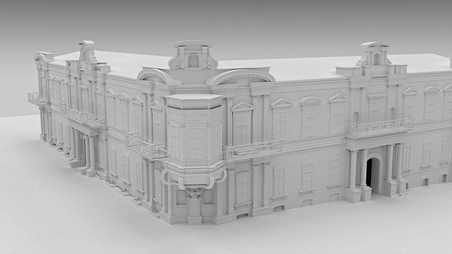 3d rendering of a classical building model featuring intricate architectural details presented in gray against a neutral background digital production 3D rendering of a classical building model featuring intricate architectural details, presented in gray against a neutral background.