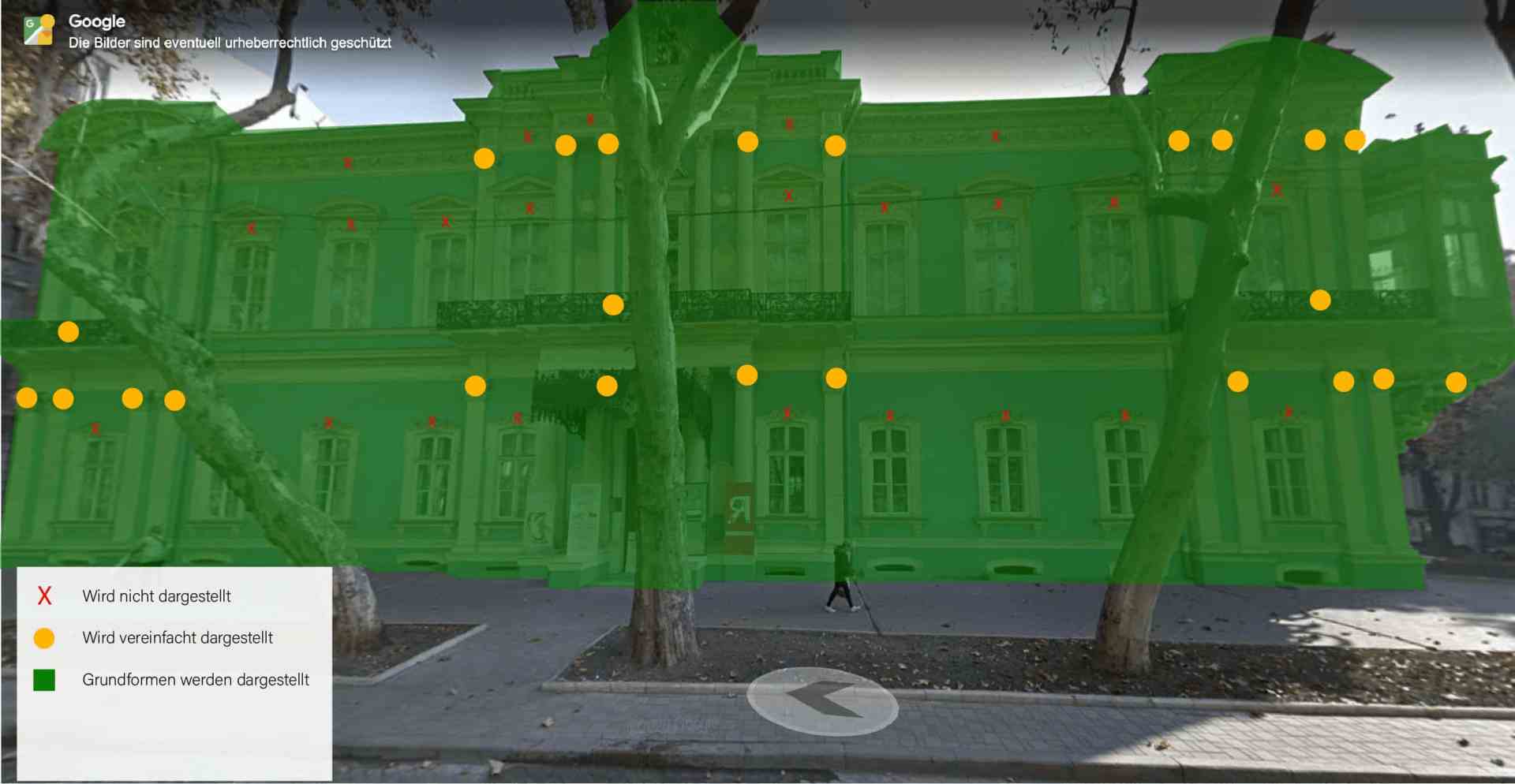 a street view image featuring a green overlay on a building facade with yellow dots indicating certain features in the lower part there are text boxes in german stating visibility options the scene includes trees in front of the building digital production A street view image featuring a green overlay on a building facade, with yellow dots indicating certain features. In the lower part, there are text boxes in German stating visibility options. The scene includes trees in front of the building.