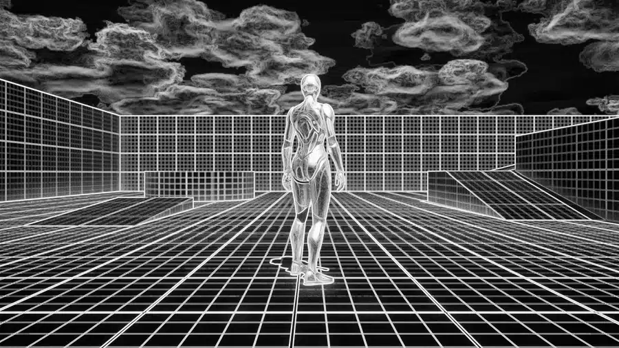 a minimalist digital rendering of a human figure in a wireframe style standing in an abstract grid landscape under a cloudy sky the scene is monochromatic emphasizing geometric shapes digital production A minimalist digital rendering of a human figure in a wireframe style, standing in an abstract grid landscape under a cloudy sky. The scene is monochromatic, emphasizing geometric shapes.