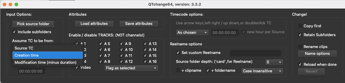 a screenshot of the gchange4d software interface displaying options for input settings timestamp configurations and change settings the interface includes fields for source folder track options and modification time set against a dark background digital production A screenshot of the GChange4D software interface displaying options for input settings, timestamp configurations, and change settings. The interface includes fields for source folder, track options, and modification time, set against a dark background.