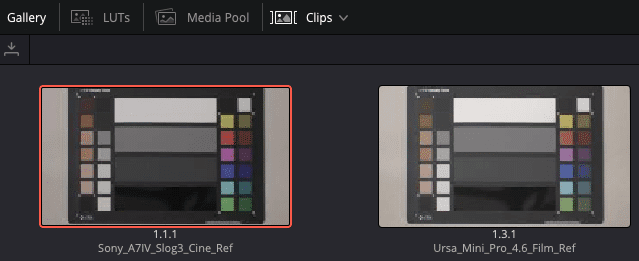 two color reference charts displayed in a video editing software interface the left chart labeled sonya7ivslog3cineref features various gray and color swatches the right chart labeled ursaminipro46filmref shows a similar layout with different color swatches digital production Two color reference charts displayed in a video editing software interface. The left chart labeled 'Sony_A7IV_Slog3_Cine_Ref' features various gray and color swatches. The right chart labeled 'Ursa_Mini_Pro_4.6_Film_Ref' shows a similar layout with different color swatches.