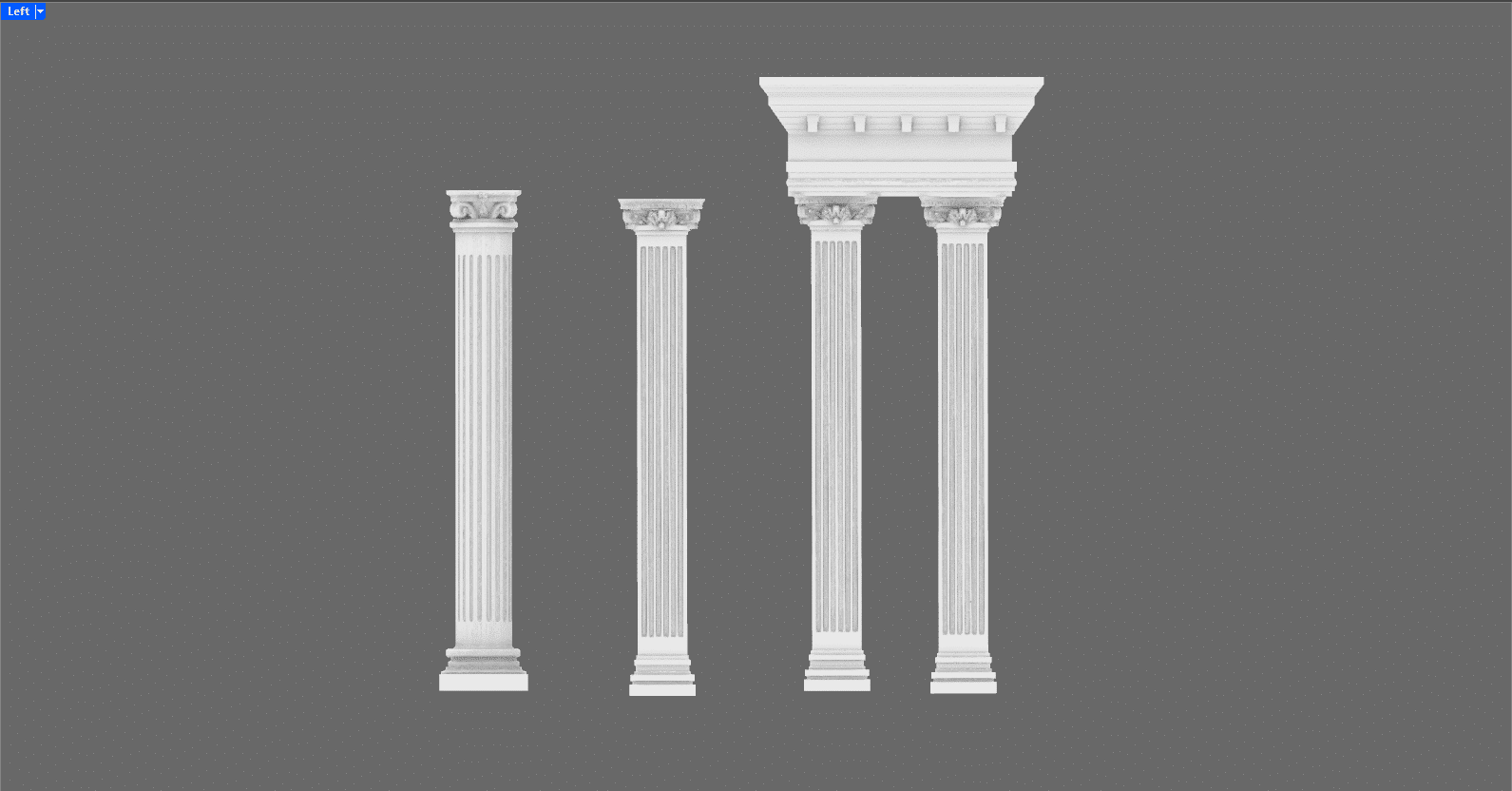 three white classical columns with different designs arranged next to a decorative entablature against a gray background digital production Three white classical columns with different designs arranged next to a decorative entablature against a gray background.