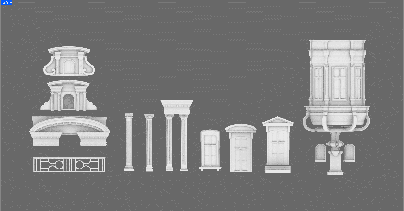 a collection of architectural 3d model components including columns pediments and decorative elements arranged in a horizontal row on a gray background digital production A collection of architectural 3D model components including columns, pediments, and decorative elements arranged in a horizontal row on a gray background.