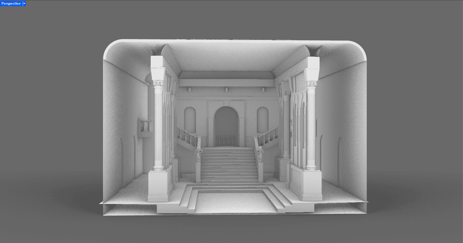 a 3d model of an interior space featuring a grand staircase flanked by tall columns leading to an arched doorway the design is minimalistic and rendered in white against a grey background digital production A 3D model of an interior space featuring a grand staircase flanked by tall columns, leading to an arched doorway. The design is minimalistic and rendered in white against a grey background.