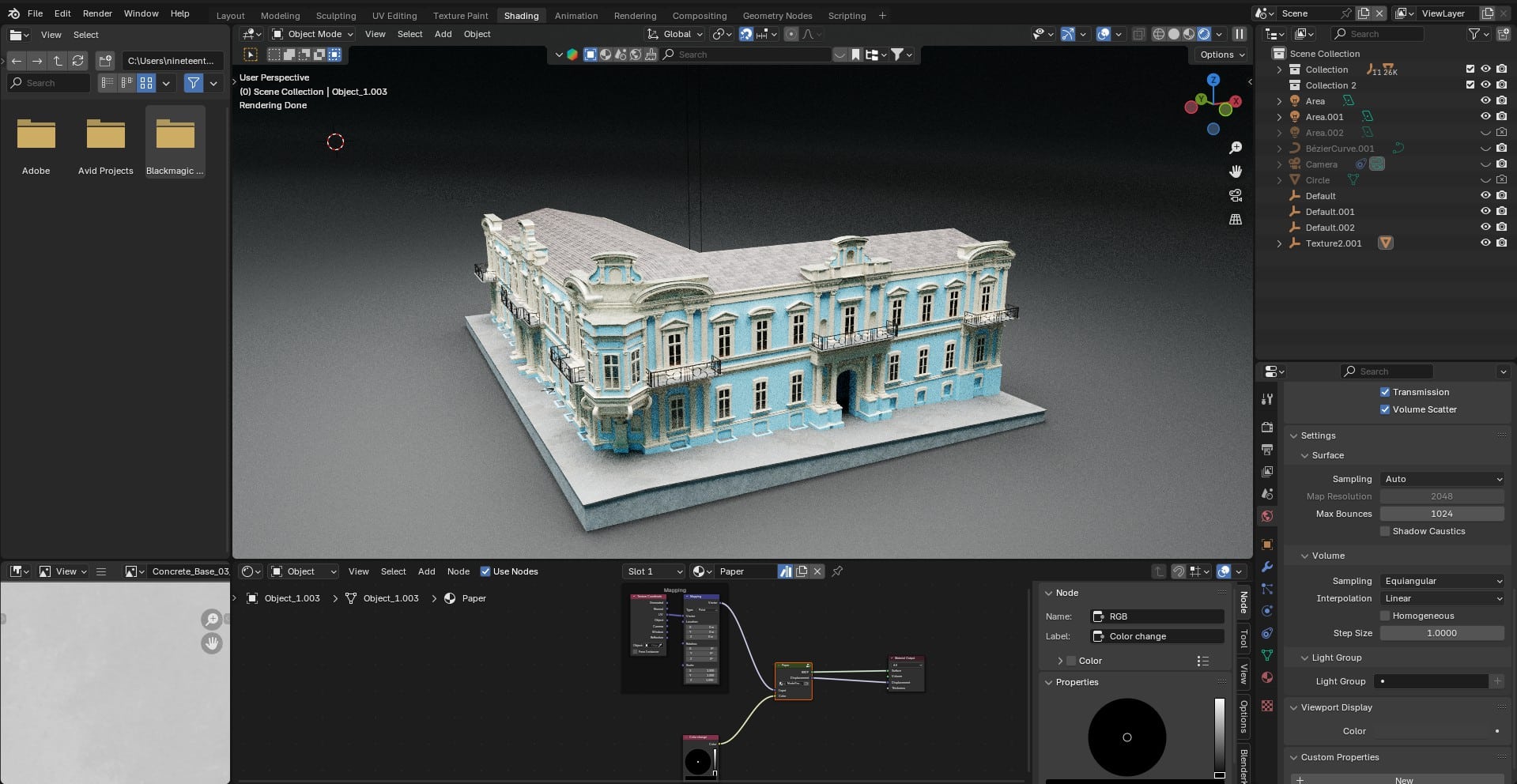 a 3d model of an architectural building displayed in blender software featuring a detailed facade with a light blue color surrounded by a simulation viewport and node editor panel digital production A 3D model of an architectural building displayed in Blender software, featuring a detailed facade with a light blue color, surrounded by a simulation viewport and node editor panel.
