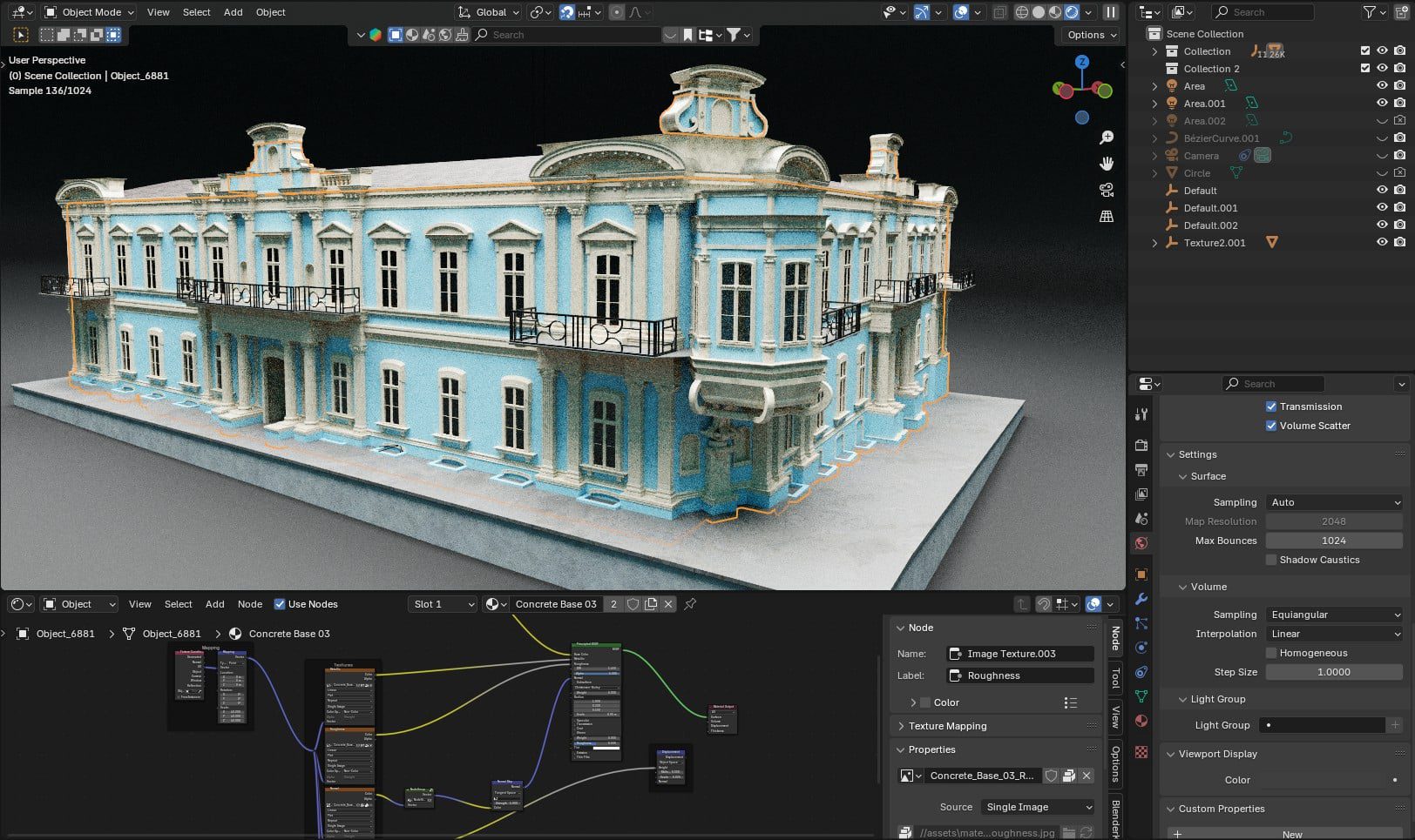 3d model of a blue historical building displayed in a 3d software interface the structure features ornate balconies and detailed architectural elements the interface includes nodes and settings for editing the model digital production 3D model of a blue historical building displayed in a 3D software interface. The structure features ornate balconies and detailed architectural elements. The interface includes nodes and settings for editing the model.