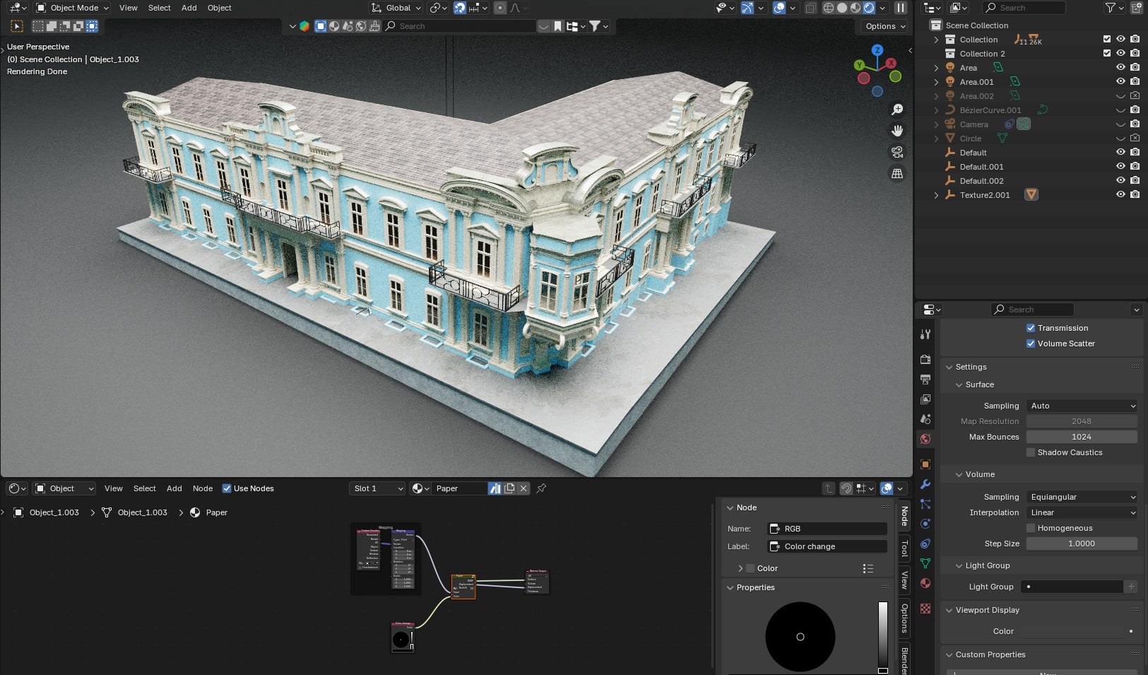 a 3d model of an ornate blue building displayed in a design software interface the building features intricate architectural details and a flat roof the interface shows nodes and properties for color and material adjustments digital production A 3D model of an ornate blue building displayed in a design software interface. The building features intricate architectural details and a flat roof. The interface shows nodes and properties for color and material adjustments.