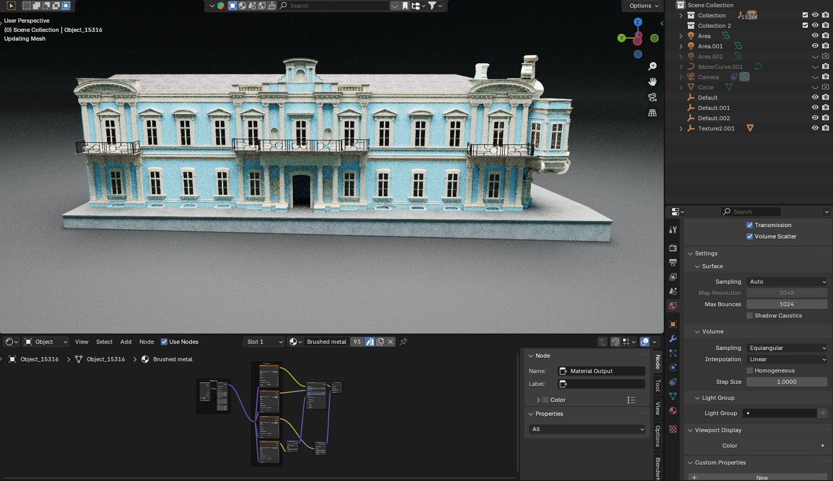 3d rendering of a blue historical building displayed in a software interface the building features multiple windows and balconies a complex node layout is visible on the right side of the screen indicating material settings digital production 3D rendering of a blue historical building displayed in a software interface. The building features multiple windows and balconies. A complex node layout is visible on the right side of the screen, indicating material settings.