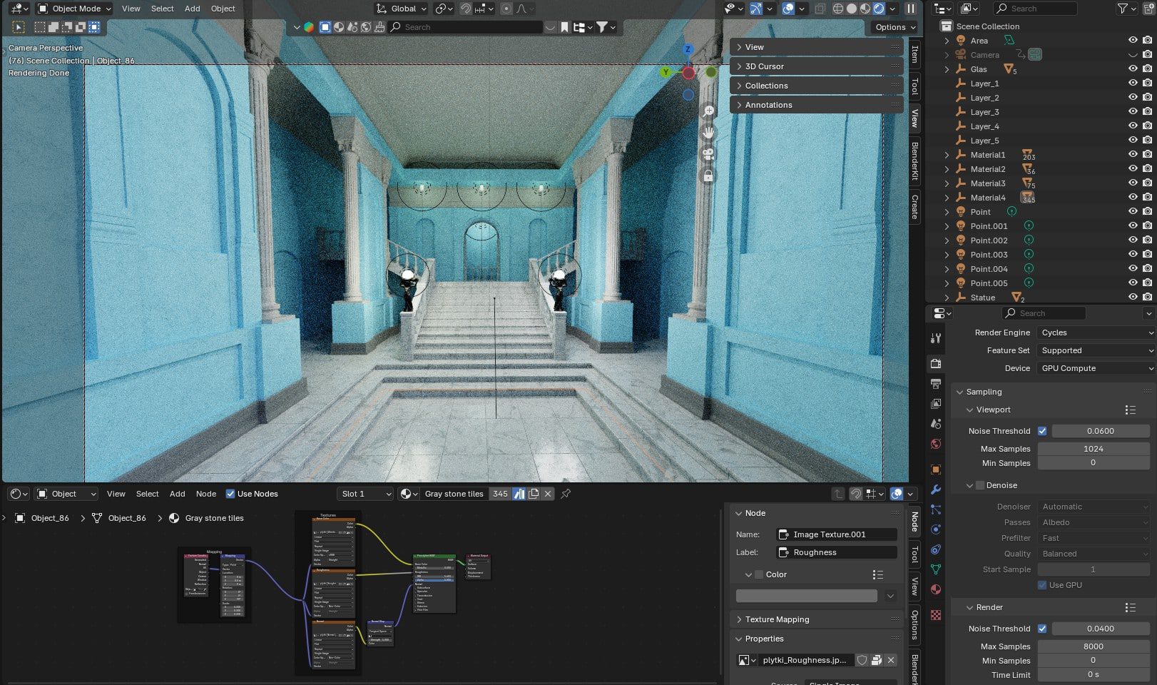 a 3d rendering of an interior space in blender featuring blue walls steps leading to an upper area and two figures positioned at the sides of the stairway with a panel displaying nodes for texture mapping digital production A 3D rendering of an interior space in Blender, featuring blue walls, steps leading to an upper area, and two figures positioned at the sides of the stairway, with a panel displaying nodes for texture mapping.