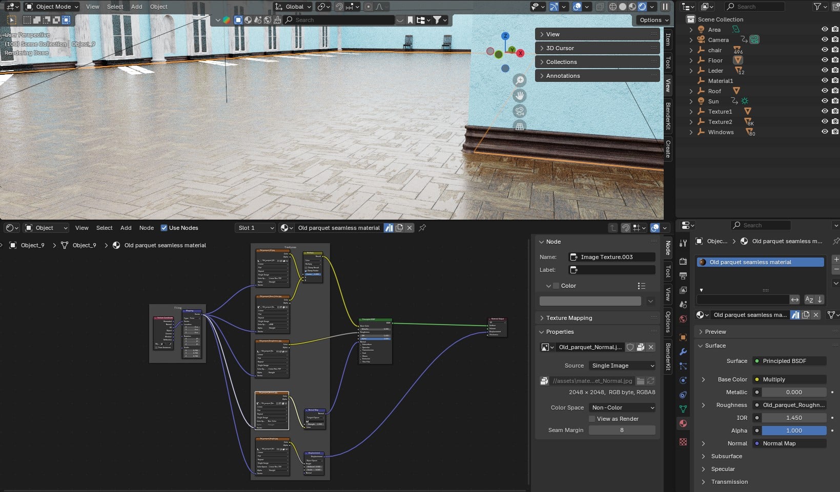 a digital workspace in a 3d software showing a rendered floor with wooden texture and a side view of the interface displaying nodebased materials and settings on the right panel digital production A digital workspace in a 3D software showing a rendered floor with wooden texture and a side view of the interface, displaying node-based materials and settings on the right panel.