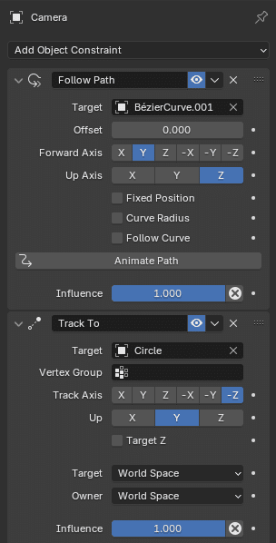 user interface with two sections displaying camera constraints in a 3d software one section shows settings for follow path targeting a bézier curve and the other for track to targeting a circle each with adjustable parameters digital production User interface with two sections displaying camera constraints in a 3D software. One section shows settings for 'Follow Path' targeting a Bézier curve, and the other for 'Track To' targeting a circle, each with adjustable parameters.