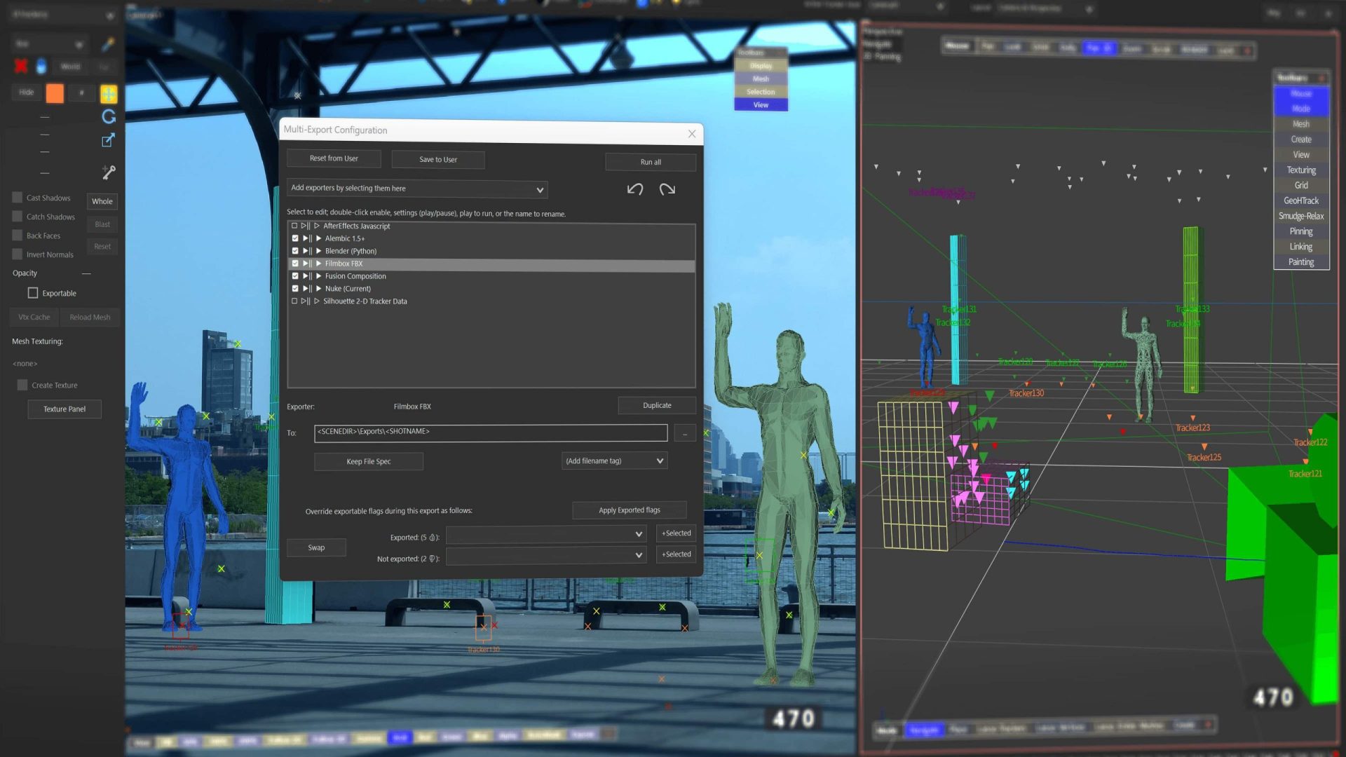 a digital editing software interface displaying a 3d scene with humanoid models the left side shows the editing panel while the right side reveals grid and axis information around the models city skyline is visible in the background digital production A digital editing software interface displaying a 3D scene with humanoid models. The left side shows the editing panel, while the right side reveals grid and axis information around the models. City skyline is visible in the background.
