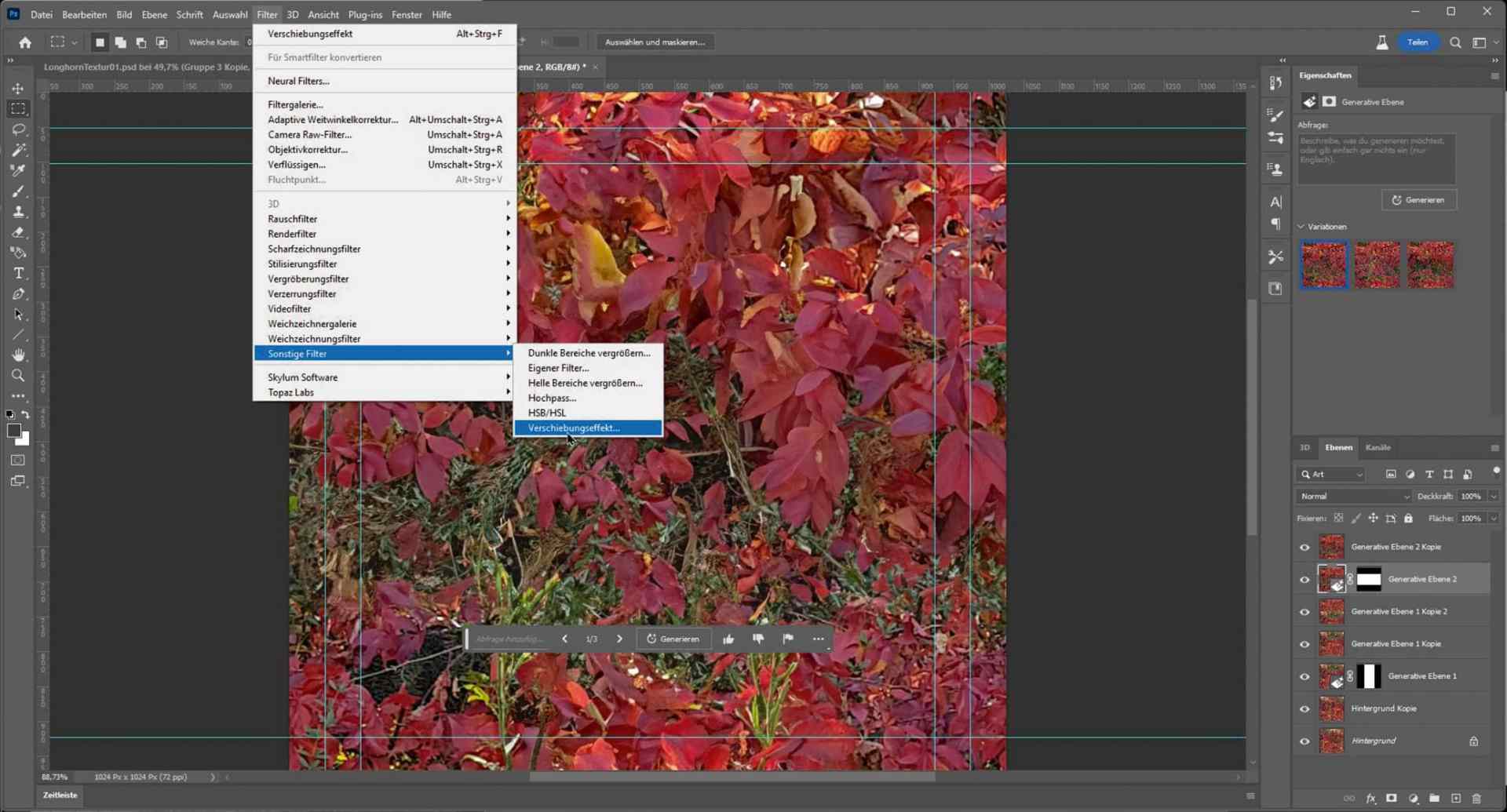 a screenshot of adobe photoshop showing a menu with options on the left and a vibrant red foliage background the interface includes layers on the right side and active tool options on the top digital production A screenshot of Adobe Photoshop showing a menu with options on the left and a vibrant red foliage background. The interface includes layers on the right side and active tool options on the top.