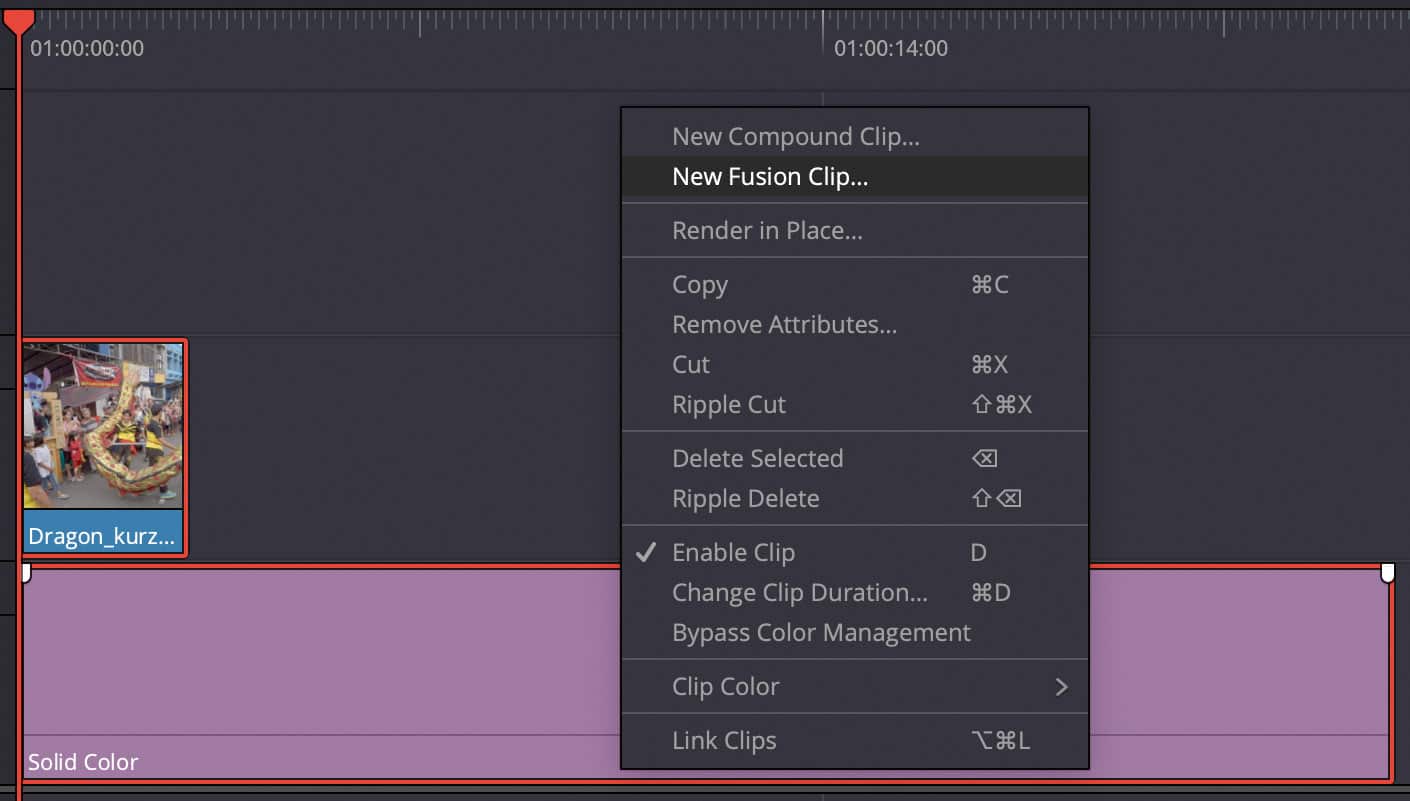 a screenshot of a video editing software interface showing a timeline with a selected clip labeled dragonkurz the context menu is open displaying options such as new fusion clip copy and render in place digital production A screenshot of a video editing software interface showing a timeline with a selected clip labeled 'Dragon_kurz_'. The context menu is open, displaying options such as 'New Fusion Clip...', 'Copy', and 'Render in Place'.