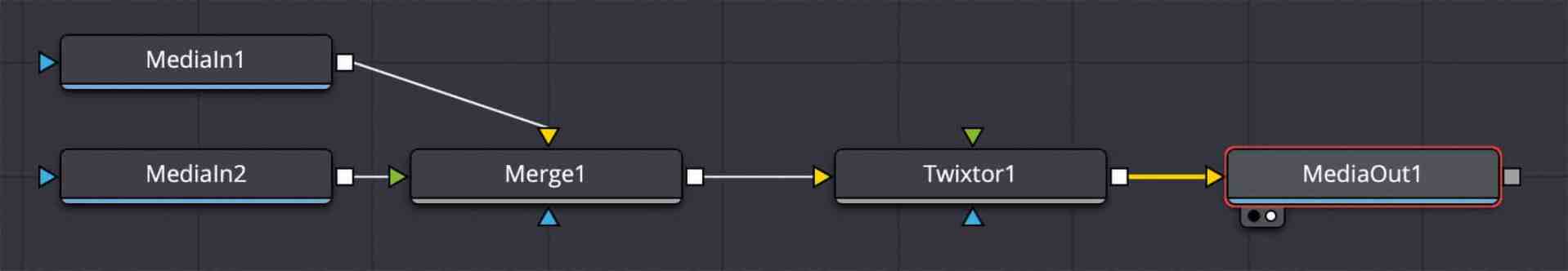 a diagram showing a media workflow with nodes labeled mediain1 mediain2 merge1 twixtor1 and mediaout1 arrows indicate the flow of media through the nodes digital production A diagram showing a media workflow with nodes labeled 'MediaIn1,' 'MediaIn2,' 'Merge1,' 'Twixtor1,' and 'MediaOut1.' Arrows indicate the flow of media through the nodes.