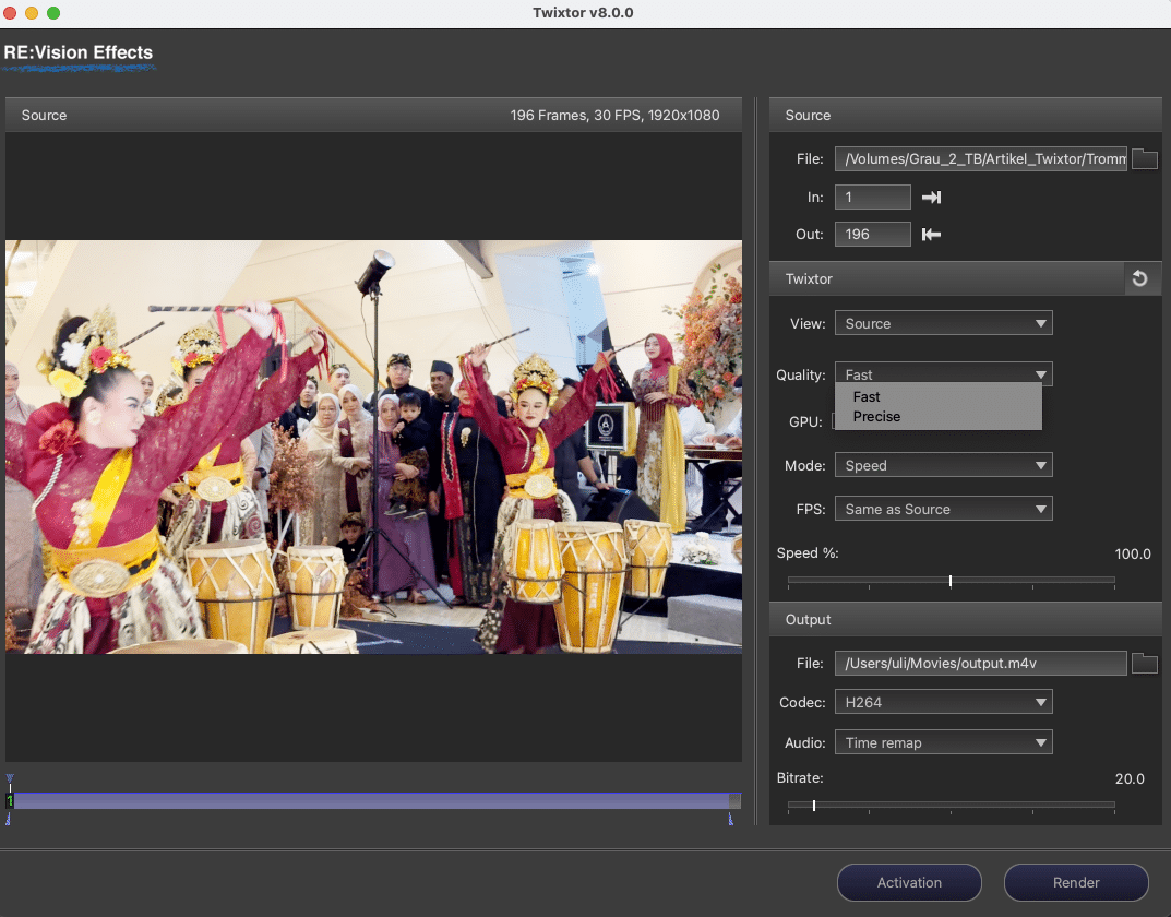a video editing interface displaying frame adjustments for a performance with dancers in traditional attire surrounded by drums the interface shows settings for quality speed and output options digital production A video editing interface displaying frame adjustments for a performance with dancers in traditional attire, surrounded by drums. The interface shows settings for quality, speed, and output options.