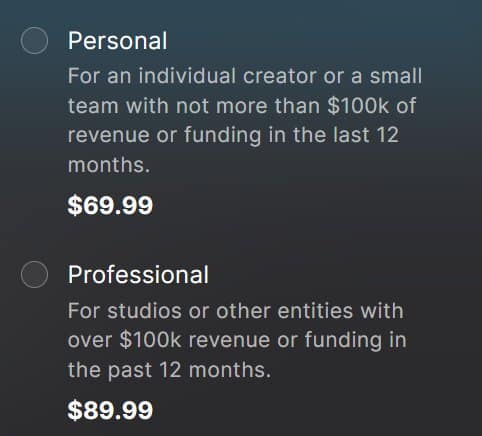 two subscription options displayed on a dark background personal for 99 targeting individual creators or small teams with less than 0k revenue professional for 99 aimed at studios or entities with over 0k revenue digital production Two subscription options displayed on a dark background: 'Personal' for .99, targeting individual creators or small teams with less than 0k revenue; 'Professional' for .99, aimed at studios or entities with over 0k revenue.