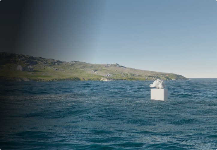 a white cube floating on calm ocean water with a rugged coastline visible in the background under a clear blue sky digital production A white cube floating on calm ocean water, with a rugged coastline visible in the background under a clear blue sky.