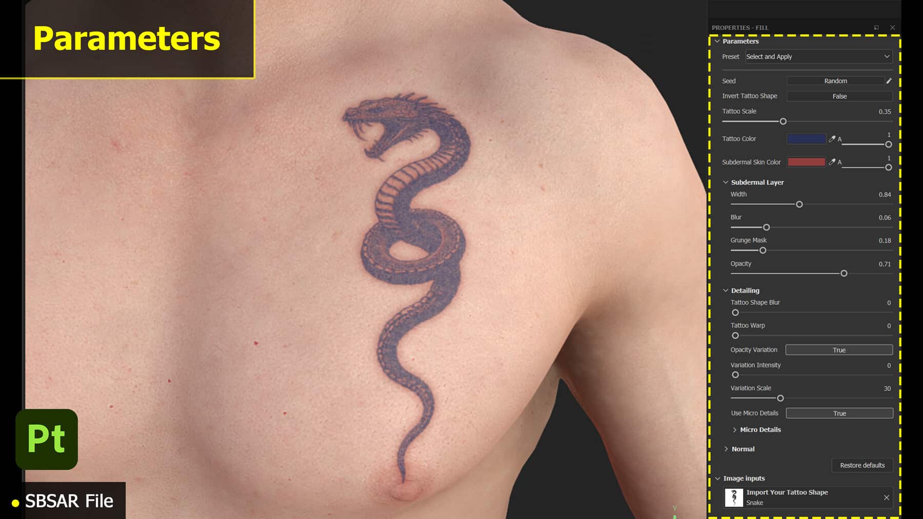 a closeup of a tattoo design featuring a snake on a persons chest displayed alongside a panel of editing parameters the tattoo is detailed with a gradient of purple and blue shades digital production A close-up of a tattoo design featuring a snake on a person's chest, displayed alongside a panel of editing parameters. The tattoo is detailed with a gradient of purple and blue shades.