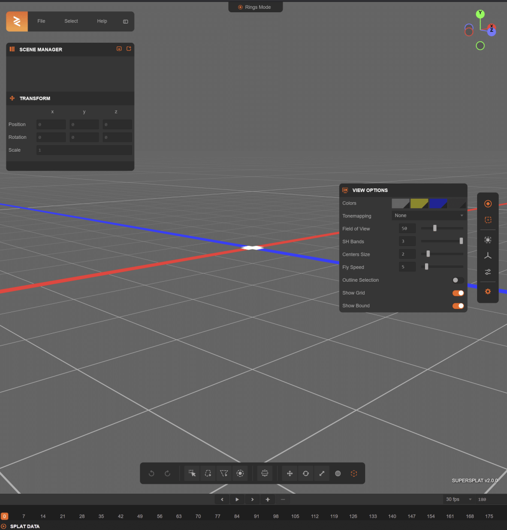 a digital interface showing a 3d modeling software with a gray grid background on the left a scene manager panel is visible and a view options panel is displayed on the right with settings for colors and grid display the workspace has red and blue lines indicating axes with a white center point digital production A digital interface showing a 3D modeling software with a gray grid background. On the left, a Scene Manager panel is visible, and a View Options panel is displayed on the right with settings for colors and grid display. The workspace has red and blue lines indicating axes, with a white center point.