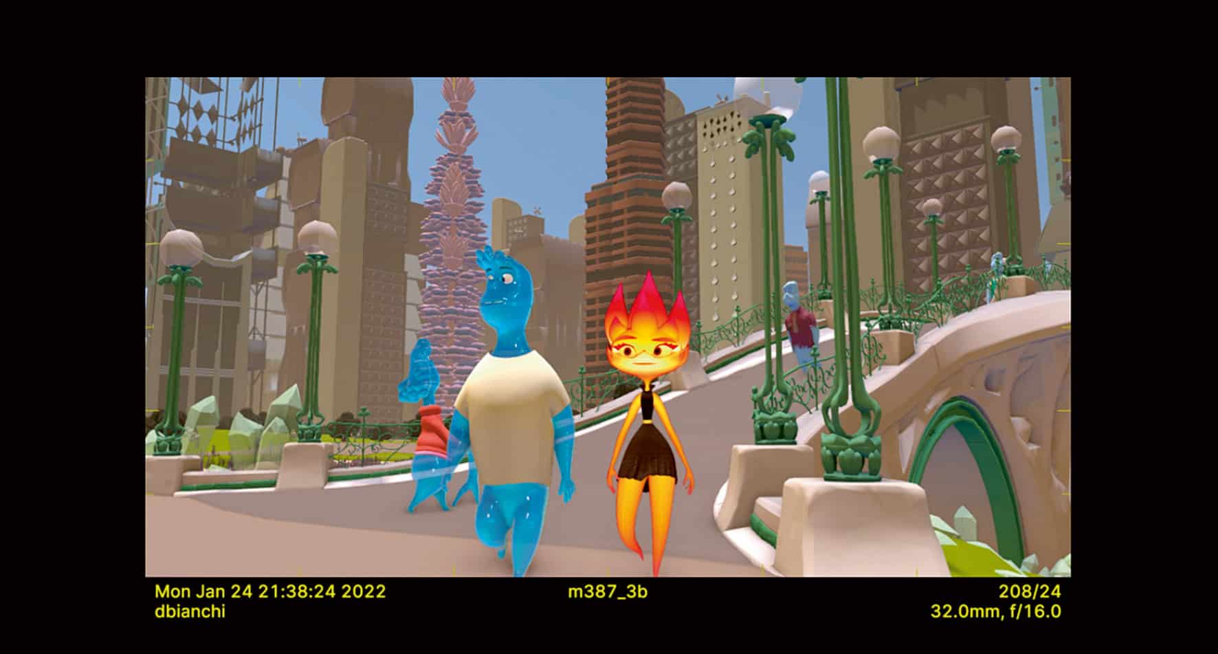 two animated characters walking in a colorful futuristic city one character has blue skin and the other has orange hair with flamelike tips both are surrounded by modern buildings and greenery digital production Two animated characters walking in a colorful, futuristic city. One character has blue skin and the other has orange hair with flame-like tips, both are surrounded by modern buildings and greenery.