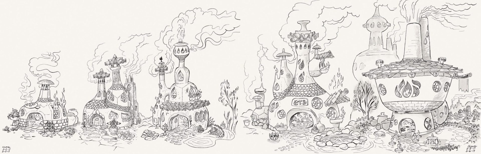a whimsical illustration of five fantastical buildings with different shapes and designs featuring smoke rising from chimneys and surrounded by stylized plants and trees digital production A whimsical illustration of five fantastical buildings with different shapes and designs, featuring smoke rising from chimneys and surrounded by stylized plants and trees.