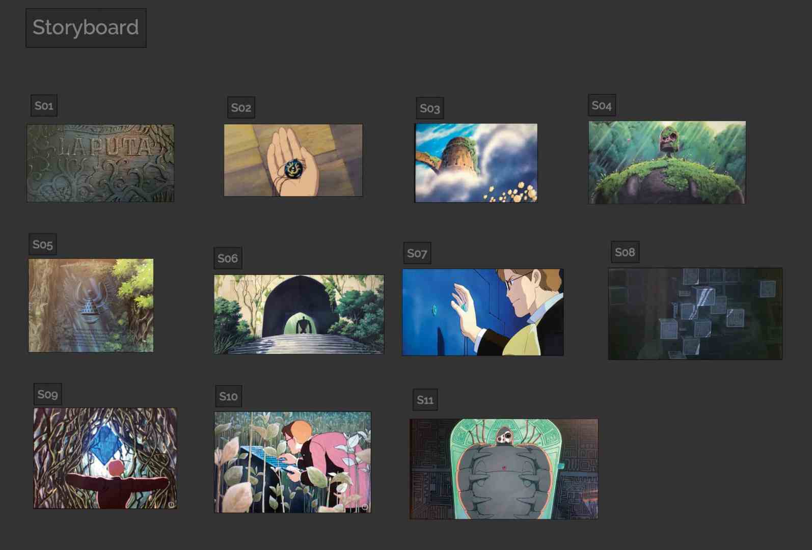 a storyboard grid featuring twelve animated scenes with various character interactions and backgrounds including a hand holding a ring a bird and characters in expressive poses the scenes are arranged in three rows and four columns on a dark background digital production A storyboard grid featuring twelve animated scenes with various character interactions and backgrounds, including a hand holding a ring, a bird, and characters in expressive poses. The scenes are arranged in three rows and four columns on a dark background.